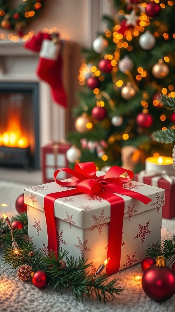 A wrapped Christmas gift box with a ribbon, surrounded by festive decorations and a Christmas tree.